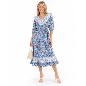 Beulah Style Dress Womens L/XL Blue Floral Boho Cottagecore Midi Tie Back